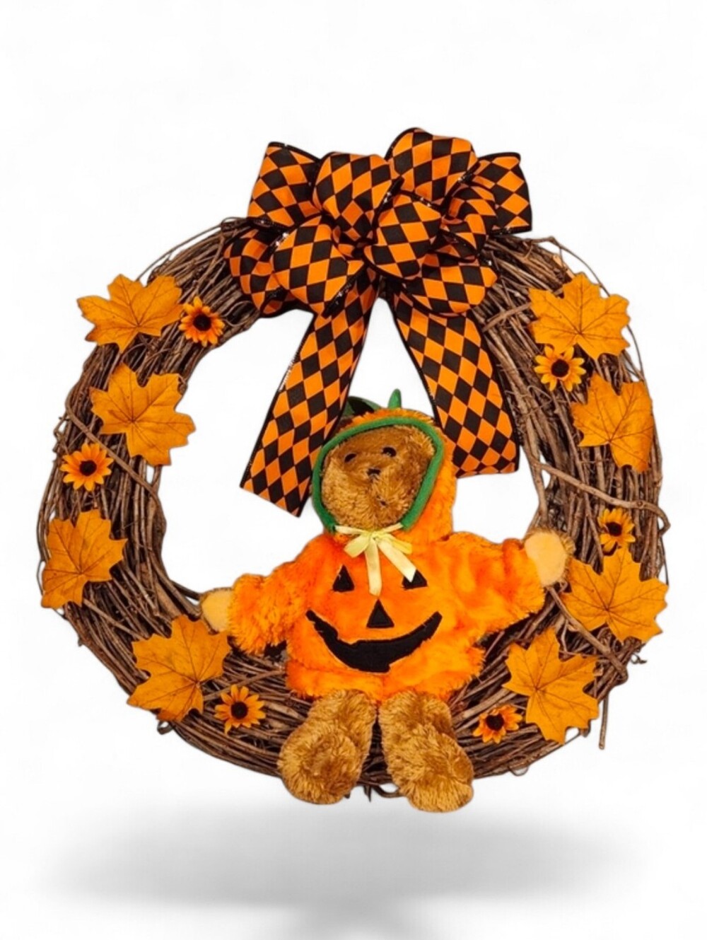 Teddy Bear Jack-o-lantern Pumpkin Grapevine Haloween Wreath